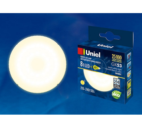 Лампа светодиодная (UL-00001672) Uniel GX53 8W 3000K матовая LED-GX53-8W/WW/GX53/FR PLZ01WH