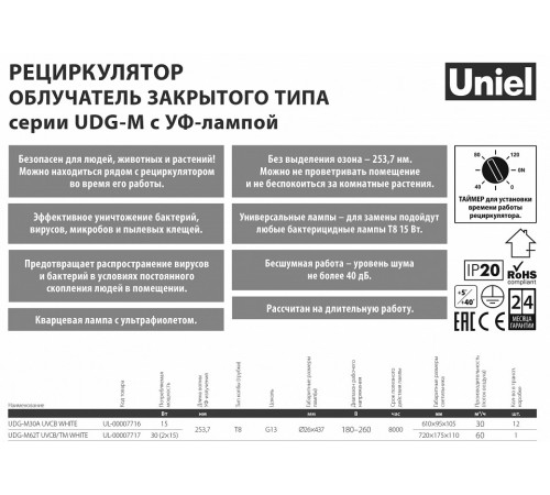 Ультрафиолетовый бактерицидный рециркулятор Uniel UDG-M62T UVCB/TM White UL-00007717 Ультрафиолетовый бактерицидный рециркулятор Uniel UDG-M62T UVCB/TM White UL-00007717