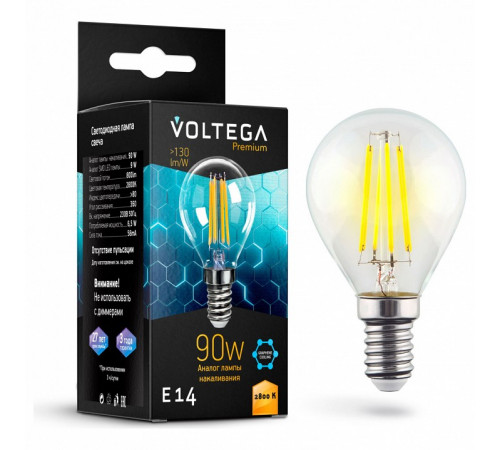 Лампа светодиодная филаментная Voltega E14 7W 2800K шар прозрачный VG10-G45E14warm9W-F 7136 Лампа светодиодная филаментная Voltega E14 7W 2800K шар прозрачный VG10-G45E14warm9W-F 7136