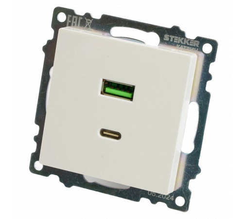 Розетка 2-местная USB + type C Stekker Катрин GLS10-7116-01 50051