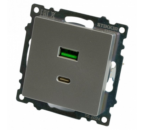Розетка 2-местная USB + type C Stekker Катрин GLS10-7116-03 50054