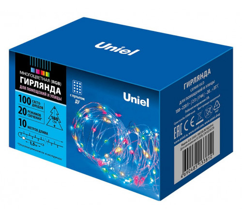 Уличная светодиодная гирлянда (UL-00007180) Uniel 220V разноцветный ULD-S1000-100/DTA/RC RGB IP44 Уличная светодиодная гирлянда (UL-00007180) Uniel 220V разноцветный ULD-S1000-100/DTA/RC RGB IP44
