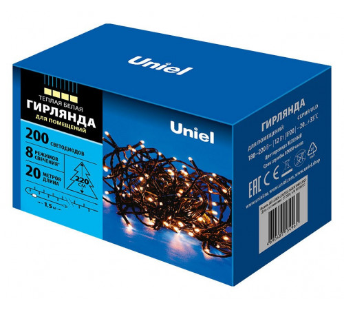 Светодиодная гирлянда Uniel (UL-00007308) теплый белый ULD-S2000-200/DGA Warm White IP20 Светодиодная гирлянда Uniel (UL-00007308) теплый белый ULD-S2000-200/DGA Warm White IP20