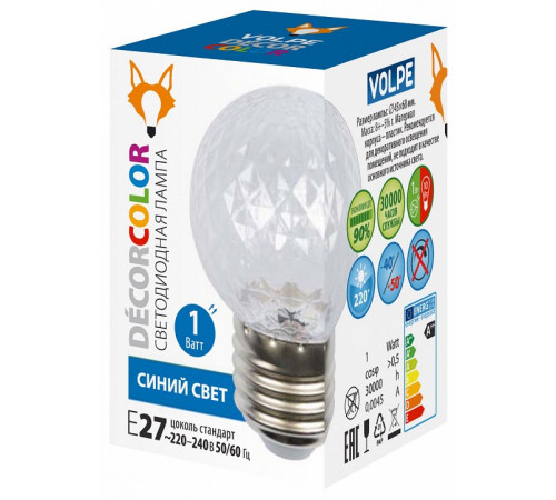 Лампа светодиодная Volpe Decor color LED-D45-1W/BLUE/E27/CL/С PINEAPPLE UL-00010066 Лампа светодиодная Volpe Decor color LED-D45-1W/BLUE/E27/CL/С PINEAPPLE UL-00010066