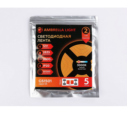 Светодиодная лента Ambrella Light LED Strip 12В 2835 19,2Вт/м 3000K 5м IP20 GS1501