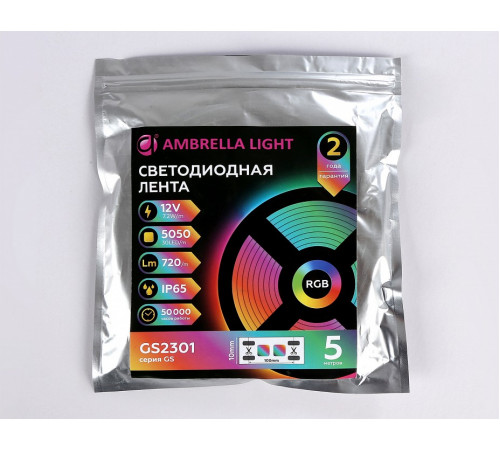 Светодиодная лента Ambrella Light LED Strip 12В 5050 7,2Вт/м RGB 5м IP65 GS2301 Светодиодная лента Ambrella Light LED Strip 12В 5050 7,2Вт/м RGB 5м IP65 GS2301