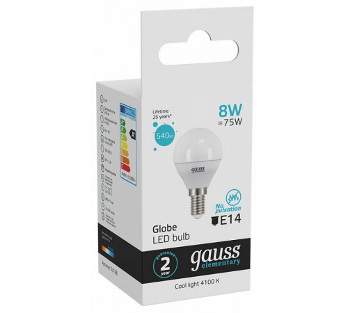 Лампа светодиодная Gauss E14 8W 4100K шар матовый 53128 Лампа светодиодная Gauss E14 8W 4100K шар матовый 53128