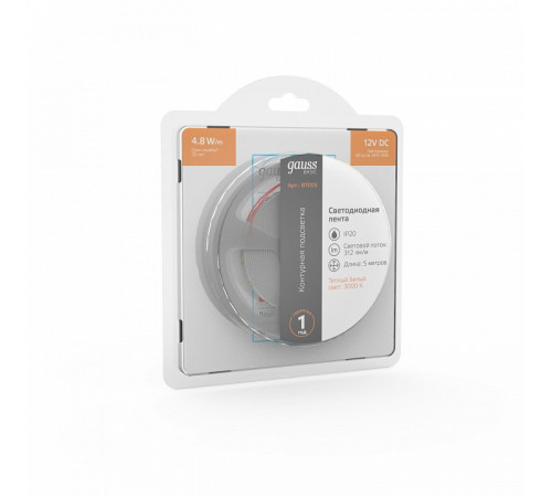 Светодиодная лента Gauss 12В 2835 4,8Вт/м 3000K 5м IP20 BT005