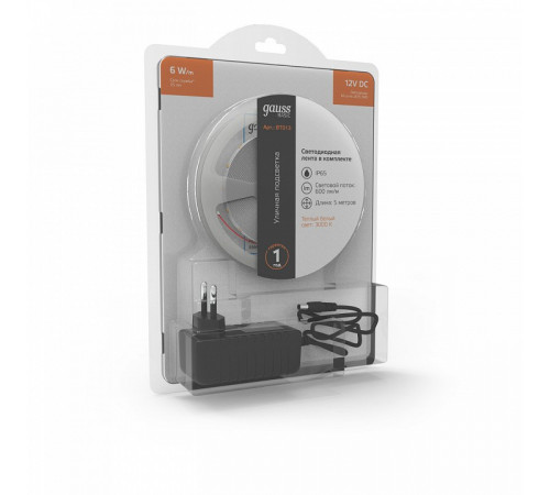 Светодиодная лента Gauss 12В 2835 6Вт/м 3000K 5м IP65 BT013