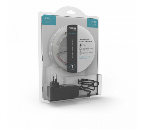 Светодиодная лента Gauss Basic 12В 2835 6Вт/м 4000K 5м IP65 BT014