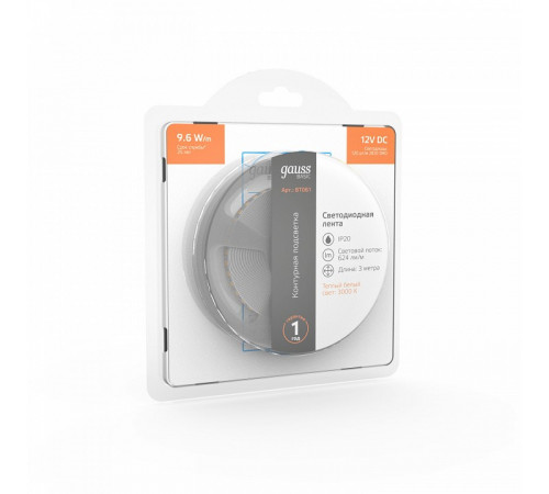 Светодиодная лента Gauss 12В 2835 9,6Вт/м 3000K 3м IP20 BT061