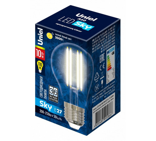 Лампа светодиодная филаментная (UL-00002625) Uniel E27 10W 3000K прозрачная LED-A60-10W/WW/E27/CL PLS02WH Лампа светодиодная филаментная (UL-00002625) Uniel E27 10W 3000K прозрачная LED-A60-10W/WW/E27/CL PLS02WH