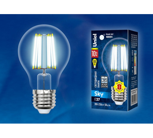Лампа светодиодная филаментная (UL-00002626) Uniel E27 10W 4000K прозрачная LED-A60-10W/NW/E27/CL PLS02WH Лампа светодиодная филаментная (UL-00002626) Uniel E27 10W 4000K прозрачная LED-A60-10W/NW/E27/CL PLS02WH