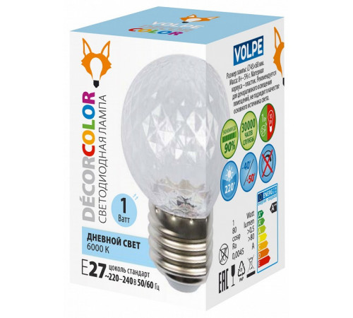 Лампа светодиодная Volpe Decor color LED-D45-1W/6000K/E27/CL/С PINEAPPLE UL-00010065 Лампа светодиодная Volpe Decor color LED-D45-1W/6000K/E27/CL/С PINEAPPLE UL-00010065