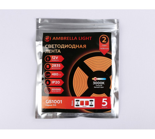Светодиодная лента Ambrella Light LED Strip 12В 2835 4,8Вт/м 3000K 5м IP20 GS1001 Светодиодная лента Ambrella Light LED Strip 12В 2835 4,8Вт/м 3000K 5м IP20 GS1001