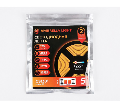 Светодиодная лента Ambrella Light LED Strip 12В 2835 14,4Вт/м 3000K 5м IP20 GS1301
