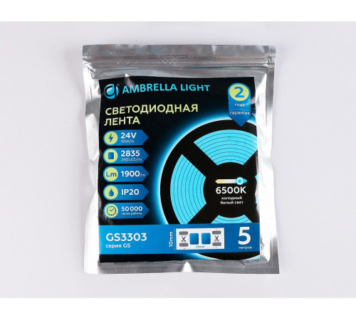 Светодиодная лента Ambrella Light LED Strip 24В 2835 18Вт/м 6500K 5м IP20 GS3303 Светодиодная лента Ambrella Light LED Strip 24В 2835 18Вт/м 6500K 5м IP20 GS3303