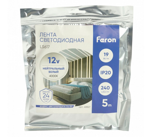 Светодиодная лента Feron LS617 12В 19Вт/м 4000К 5м IP20 48827