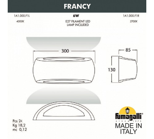 Уличный настенный светильник Fumagalli Francy 1A1.000.000.LYF1R Уличный настенный светильник Fumagalli Francy 1A1.000.000.LYF1R