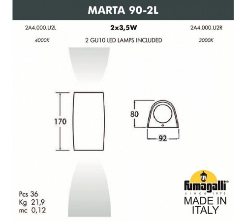 Уличный настенный светодиодный светильник Fumagalli Marta 2A4.000.000.AXU2L
