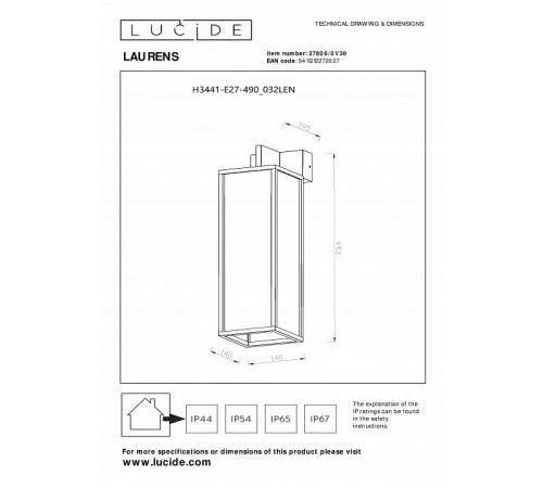 Уличный настенный светильник Lucide Laurens 27806/01/30